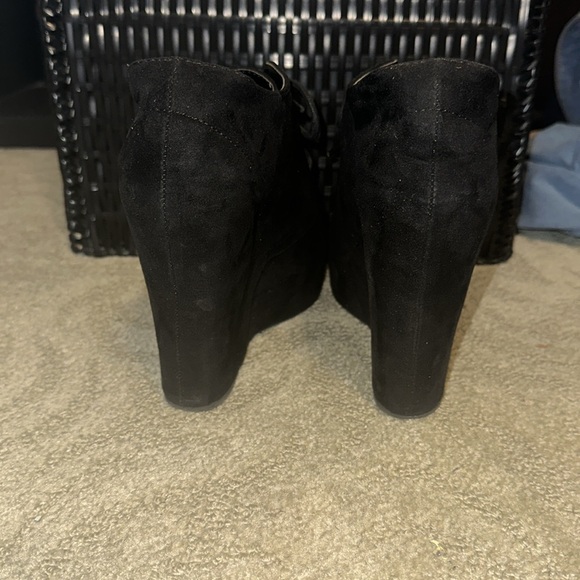 Black Suede Lace Up High Heels Wedge Bootie - Picture 2 of 6